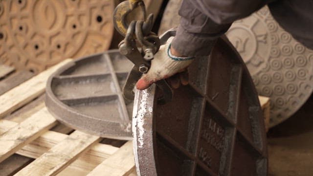 Worker moves a heavy metal cover