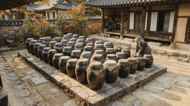 Traditional Korean house with pottery jars
