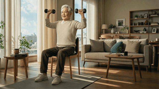 Elderly person exercising with dumbbells in living room