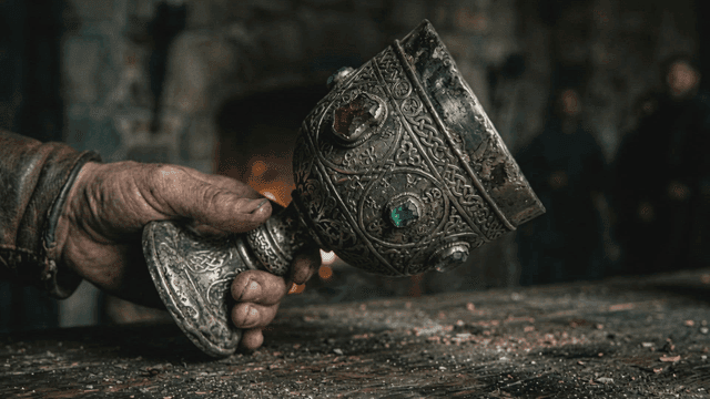 Medieval European drinking cup with jewel block