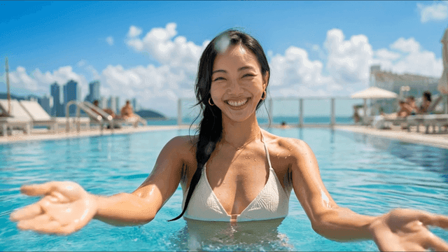 Woman playing in water under sunlight at swimming pool