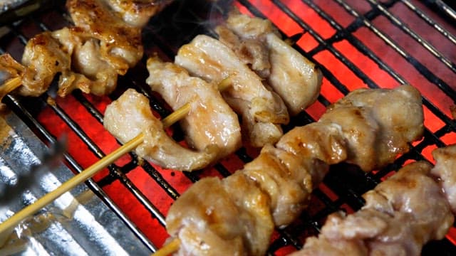 Skewered meat grilling over hot coals