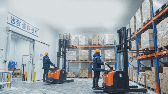 Workers operating forklifts in a cold storage warehouse