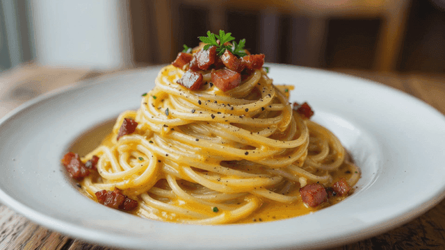 Plate of creamy carbonara pasta.