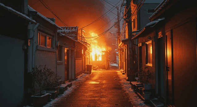좁은 골목에서 불이 난 건물
