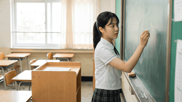 교실 칠판에 글을 쓰는 여학생