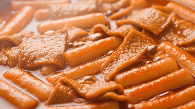 Tteokbokki boiling in spicy sauce