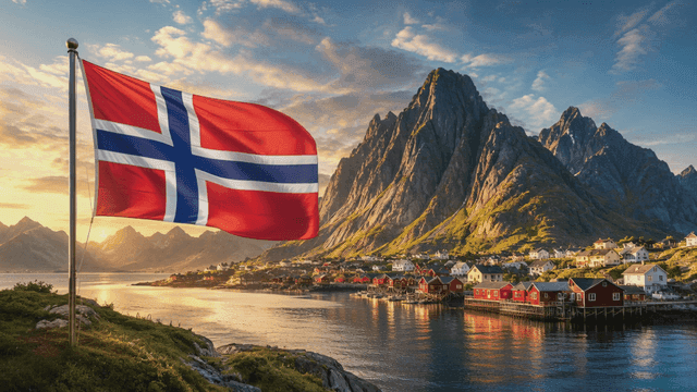 Norwegian flag fluttering beside fjord bathed in sunset