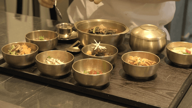 Variety of Korean dishes served on tray