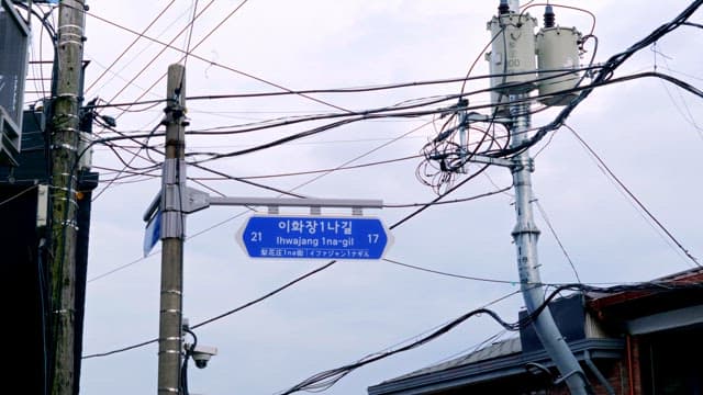 Street sign and power lines in a city