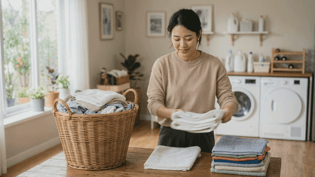 Woman folding laundry in a cozy room