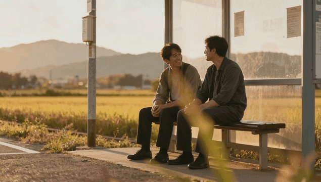 Two men talking at a rural bus stop