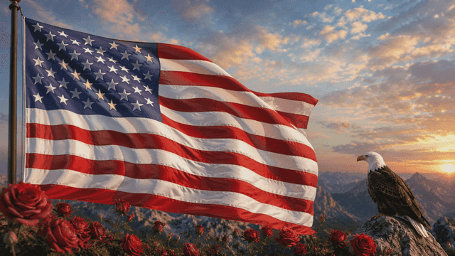 American flag and eagle at sunset