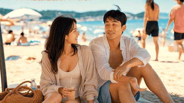 모래사장 파라솔 아래 쉬는 커플