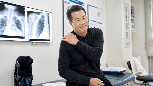 Male patient with shoulder pain in examination room
