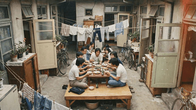 Family from 70s having meal together in cozy yard