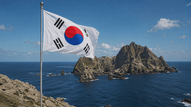 바위 섬 위에 휘날리는 태극기