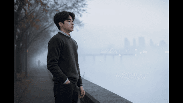 Man standing by foggy riverside