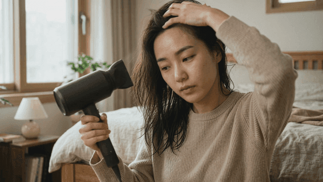 Woman drying her long hair in cozy bedroom