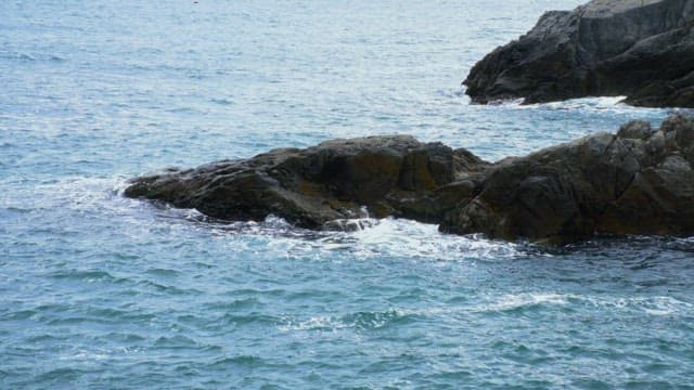 해안 바위에 부딪혀 부서지는 파도