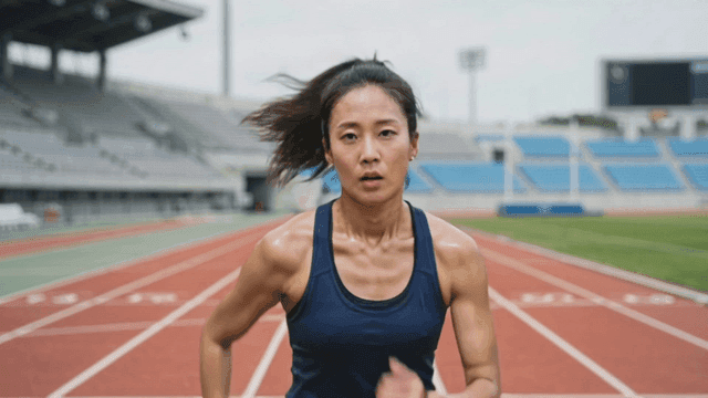 Determined athlete running on track