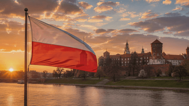Polish flag waving near a historic castle