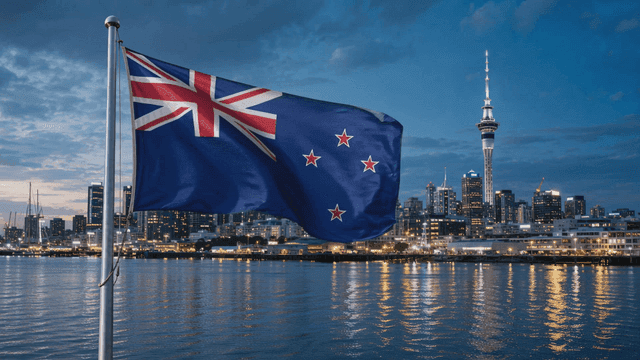 New Zealand flag along with night city skyline