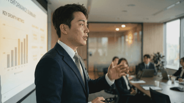 Man in suit giving business presentation in modern office