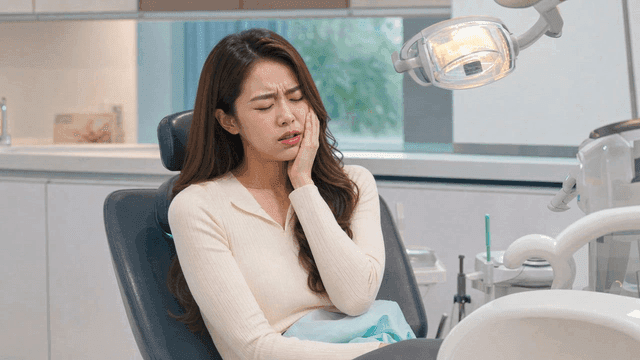 Female patient suffering from toothache at dental clinic