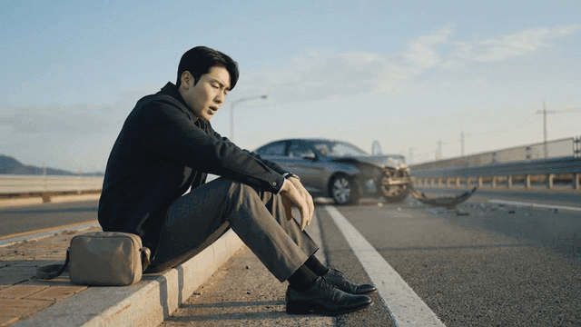 Man sitting on a roadside after a car accident