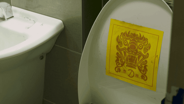 부적이 붙은 욕실 세면대와 소변기