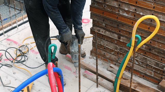 Construction worker drilling on site