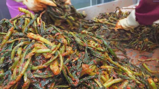 Preparing Kimchi with fresh vegetables in a kitchen