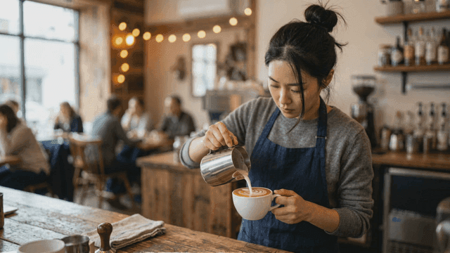 Barista making latte art in a cozy cafe