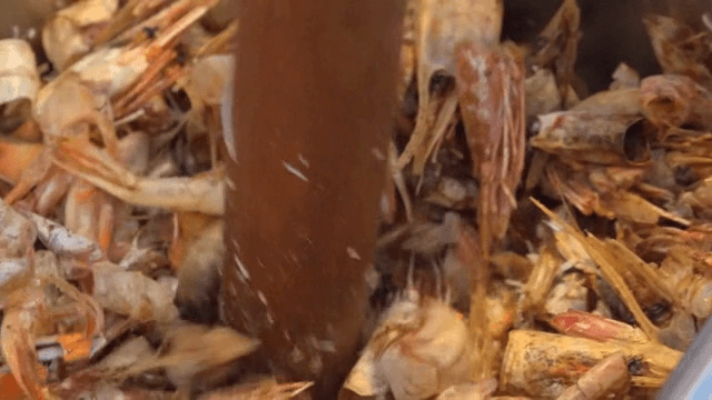 게와 새우 껍질을 부수는 장면