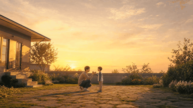 Father and son making promise together at sunset