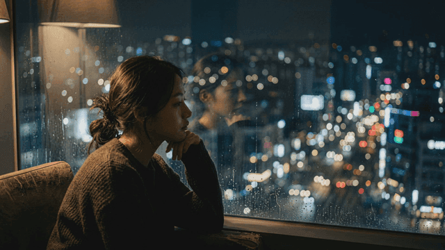 Woman sighing while gazing at rainy city night view