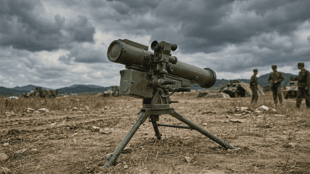 Military equipment in field with North Korean soldiers