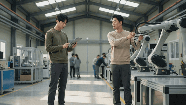 Engineers working with robotic arms in a factory