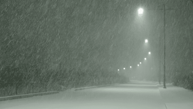 Snowy night street with streetlights