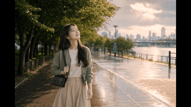 Woman walking along riverside path