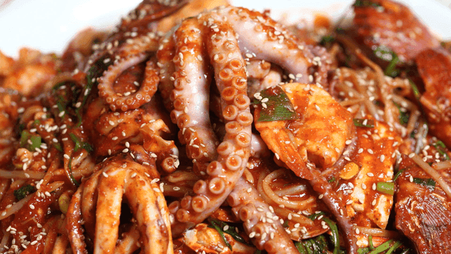 Spicy octopus and seafood stew with vegetables