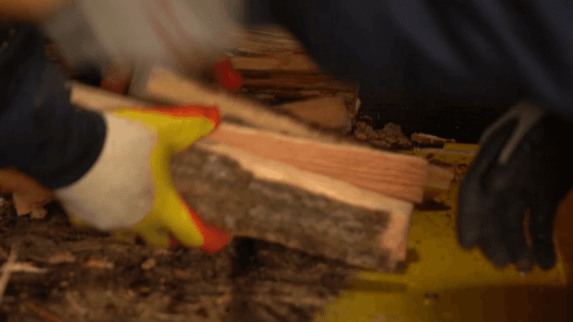 Wood being processed in a machine