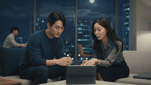 Colleagues discussing work on a tablet