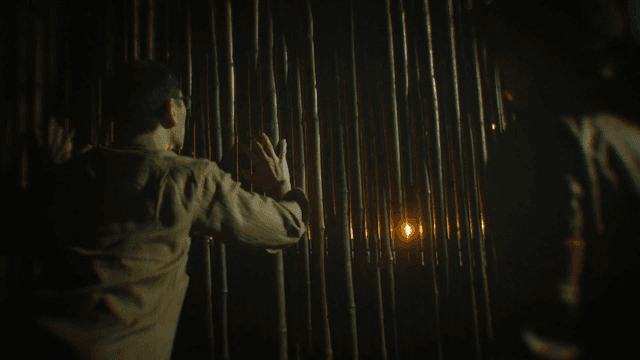 대나무 울타리를 설치하는 사람들