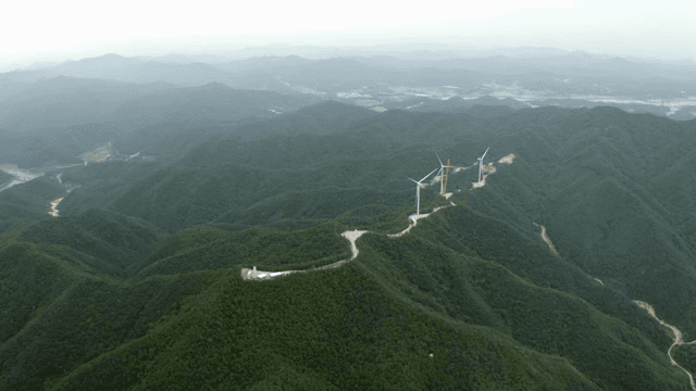 Wind turbines above lush mountainous terrain