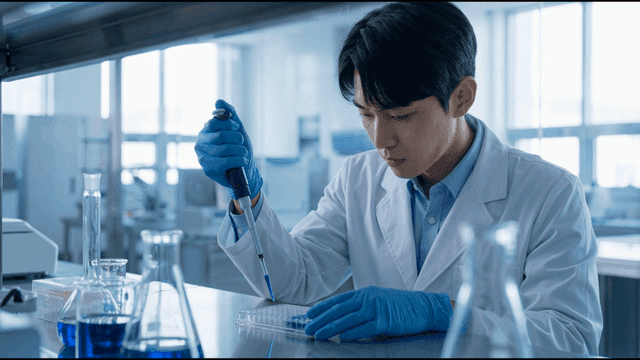 Scientist transferring samples with pipette in laboratory