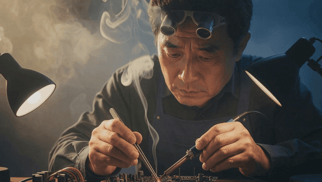 회로 기판을 수리 납땜하는 집중된 기술자