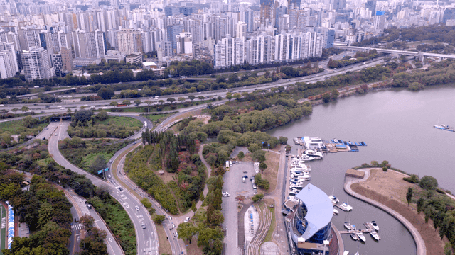 Cityscape with river and marina