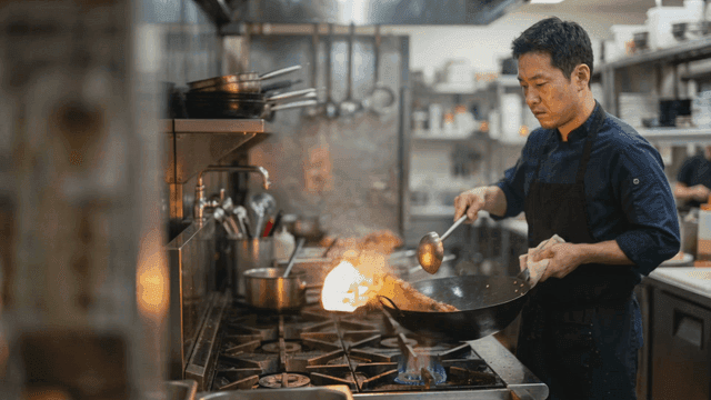 Chef stir-frying in wok in kitchen